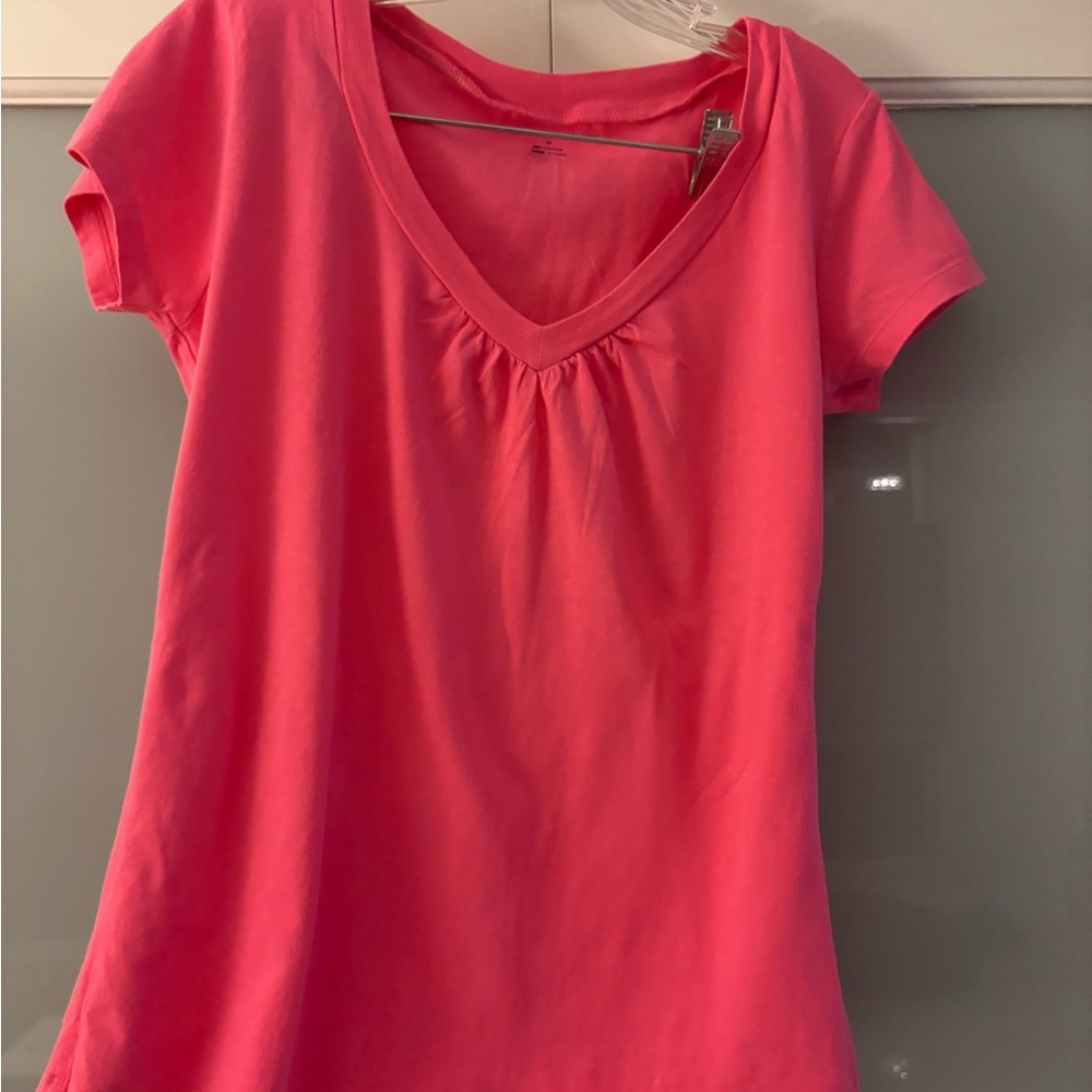 New York & Company Bright Pink V-Neck Tee